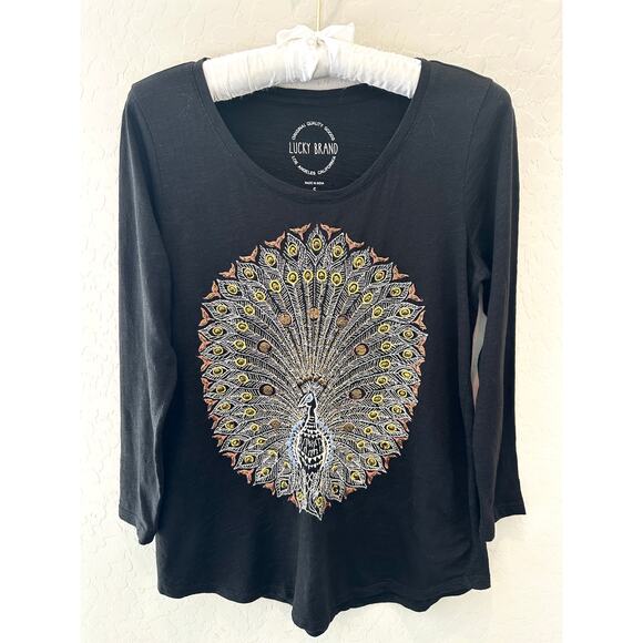 Lucky Brand Tops - LUCKY BRAND | Black Embroidered Peacock Top Boho Beaded 3/4 Sleeve Tee | Small